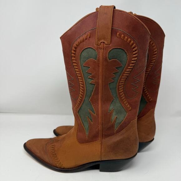 Vintage Circle S Western Cowboy Boots Brown Leather Green Inlay Pointed Toe 10 - Picture 2 of 8